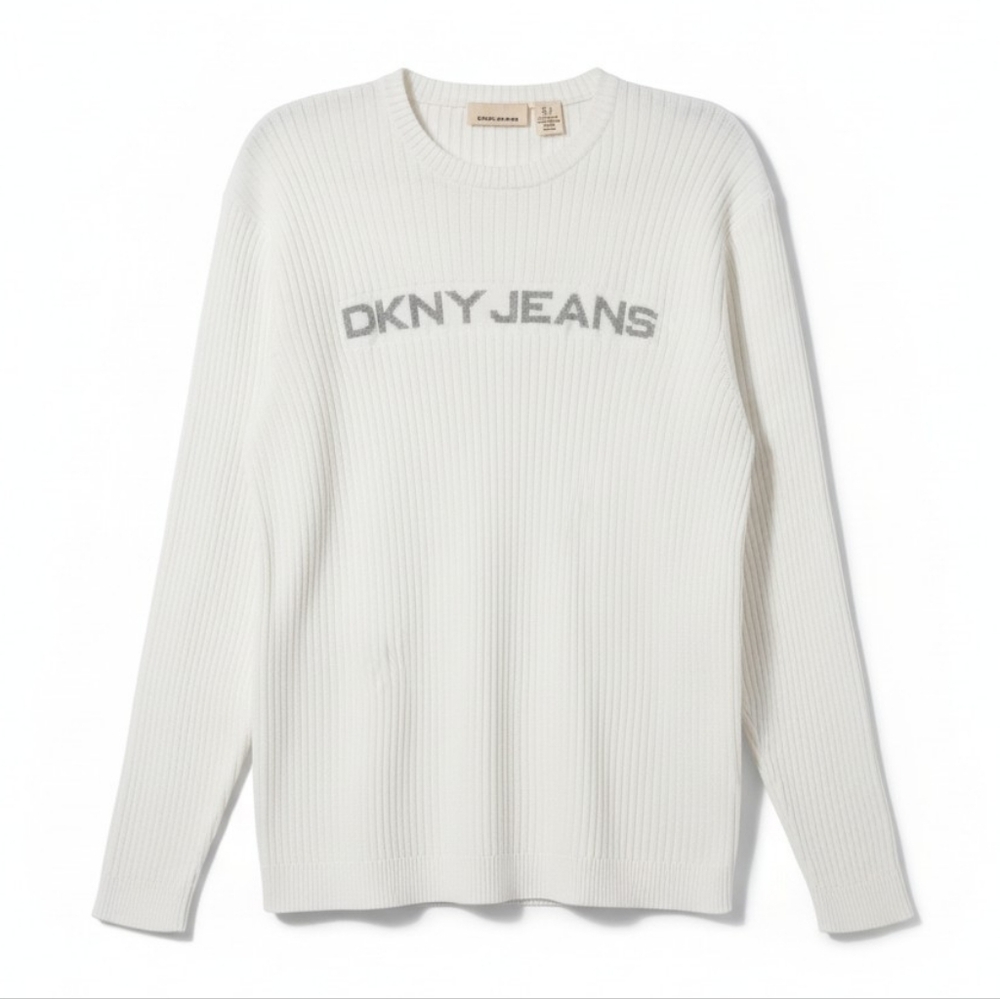 DKNY White Ribbed Sweater with Gray Logo